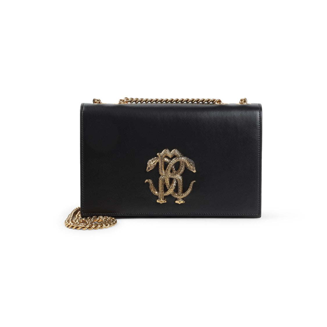 Roberto Cavalli Black Leather Shoulder Bag With Gold-Tone Logo