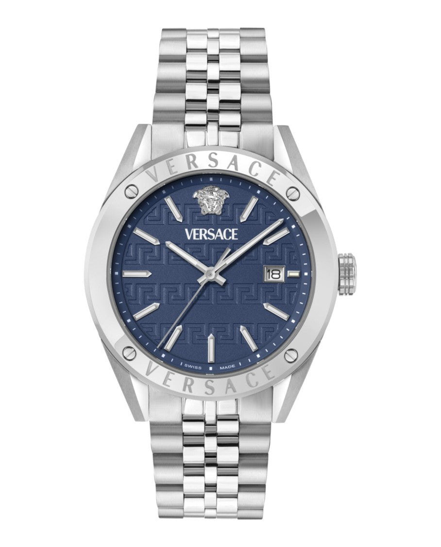 Versace 41Mm Stainless Steel Athletic Bracelet Watch With Blue Guilloche Dial