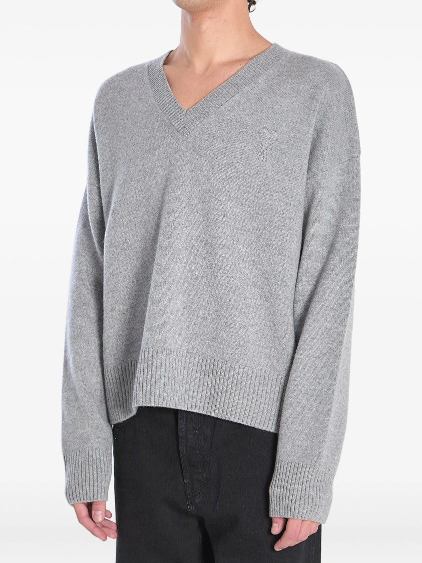 Ami V-Neck Ribbed Sweater With Embroidered Logo