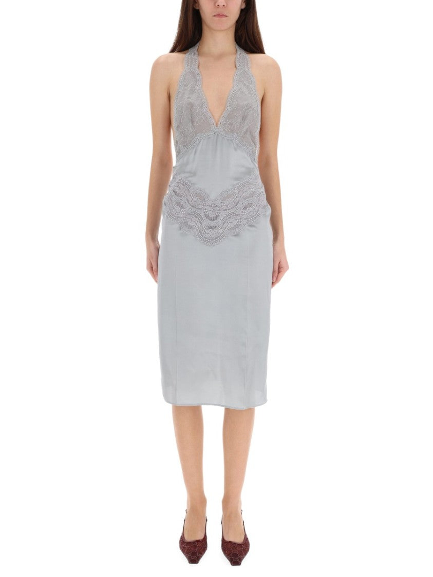 Gucci Silk Satin Dress With Deep V-Neckline And Lace Detailing