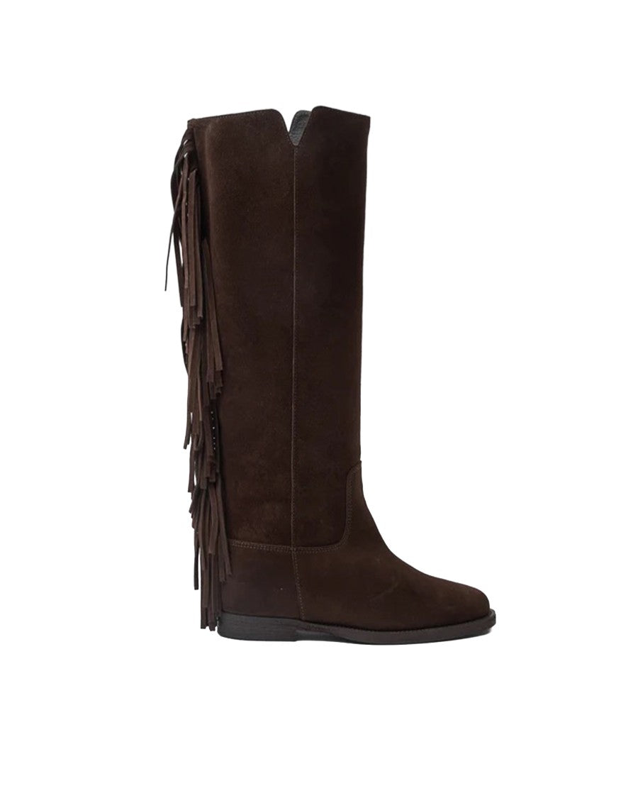 Via Roma 15 Testa Di Moro Fringed Internal Wedge Suede Boots
