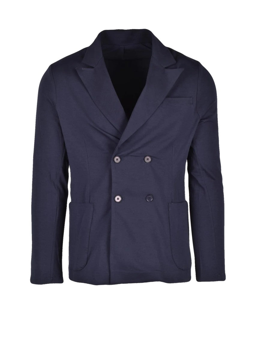 Alpha Studio Navy Blue Double-Breasted Cotton Stretch Blazer
