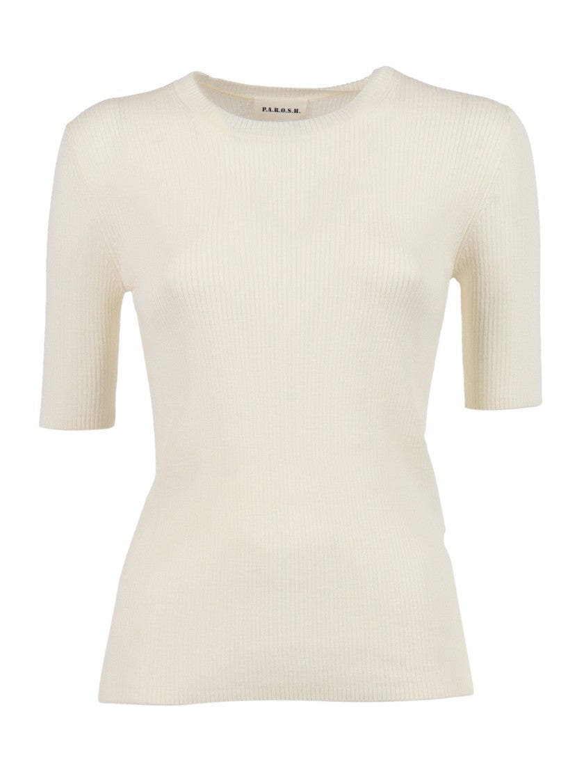 P.A.R.O.S.H. Fitted Short-Sleeve Top With Ribbed Texture And Classic Neckline