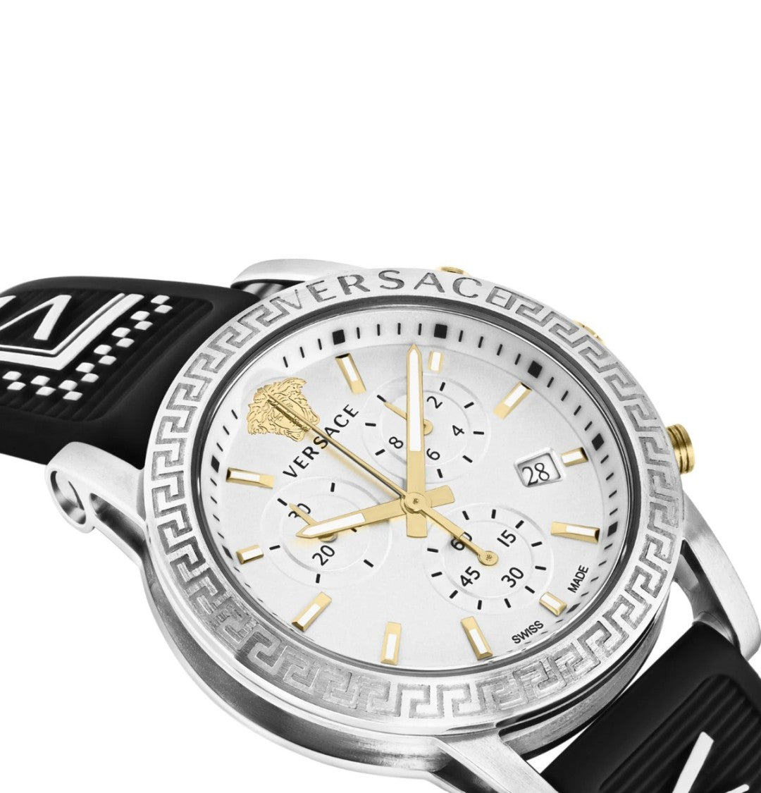 Versace Chronograph Timepiece With Engraved Greek Key Detail And Black Silicone Strap