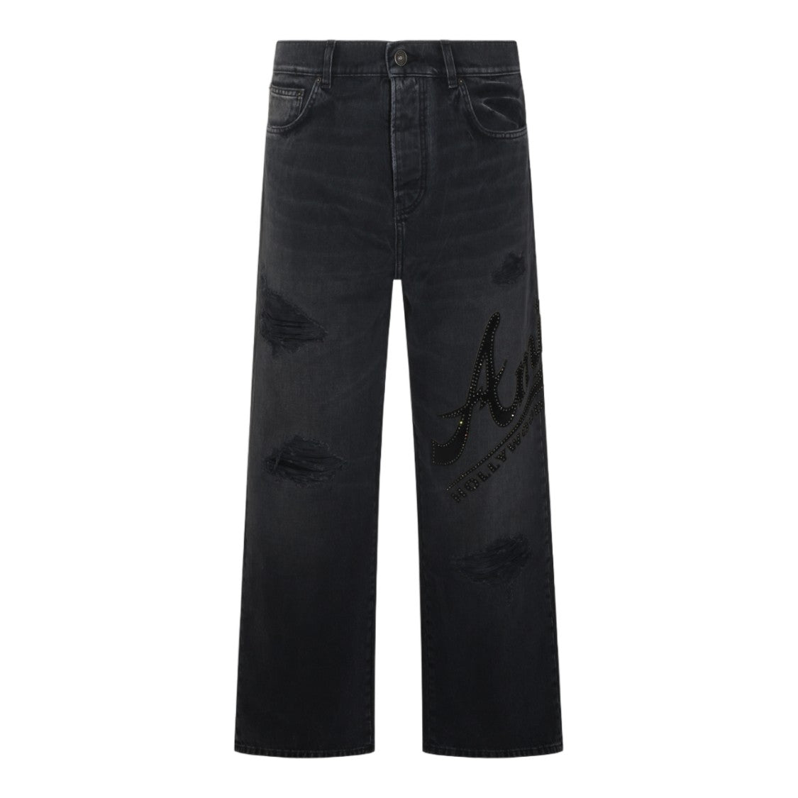 Amiri Relaxed Straight-Leg Distressed Studded Jeans