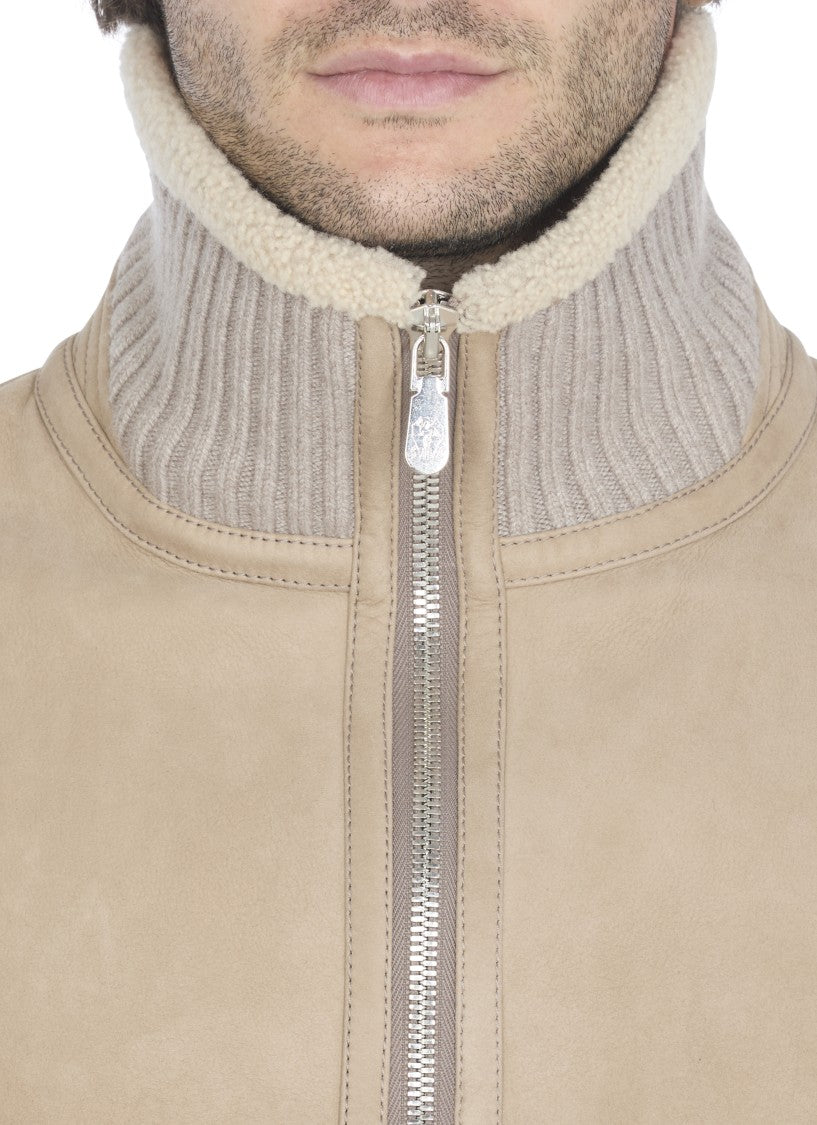 Brunello Cucinelli Beige Leather Bomber Jacket