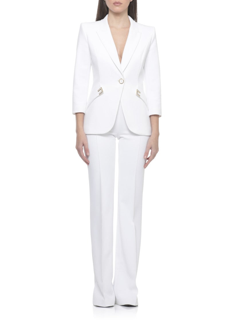 Elisabetta Franchi Ivory Peak Lapel Logoed Blazer