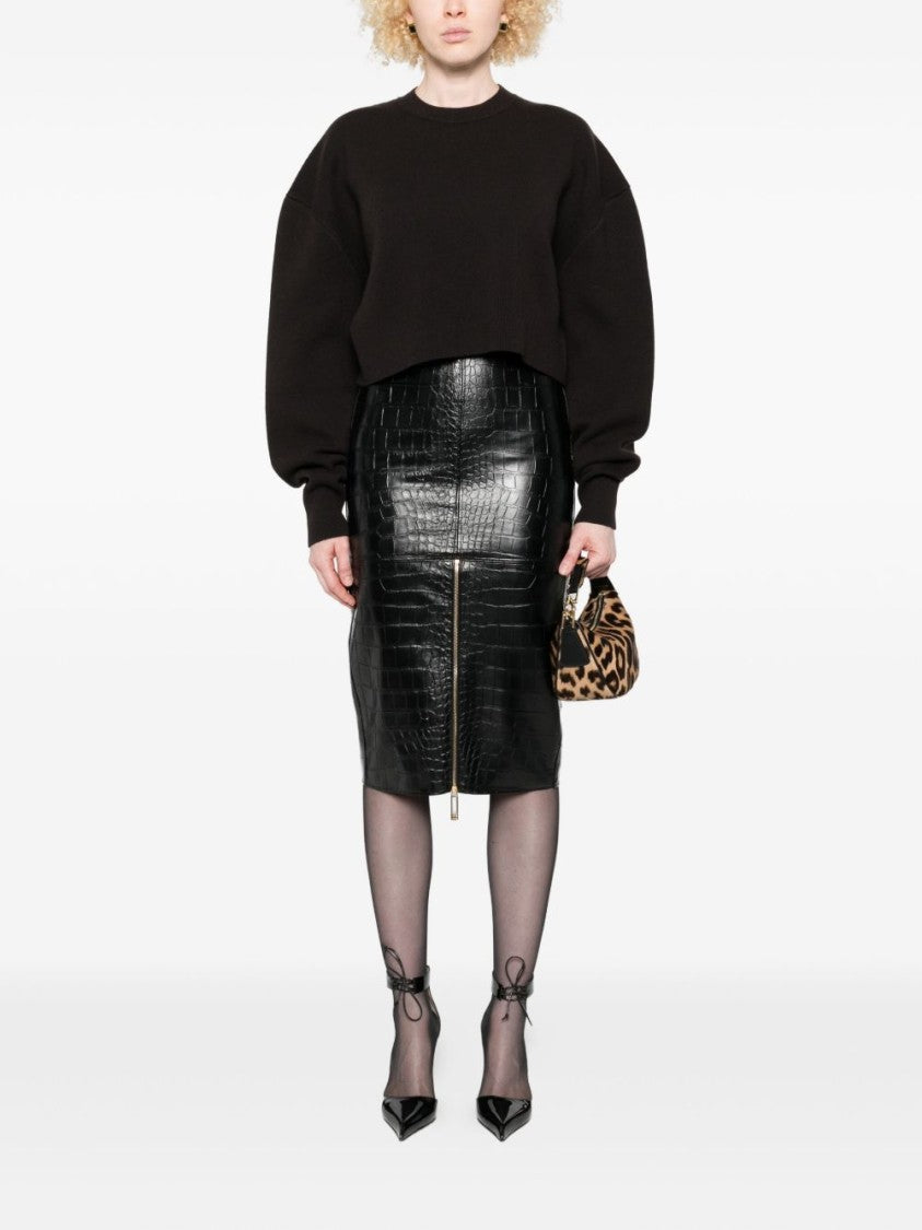 Elisabetta Franchi Crocodile-Embossed Black Midi Skirt