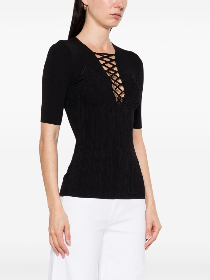Elisabetta Franchi Form-Fitting Top With Deep V-Neck And Lace-Up Detail