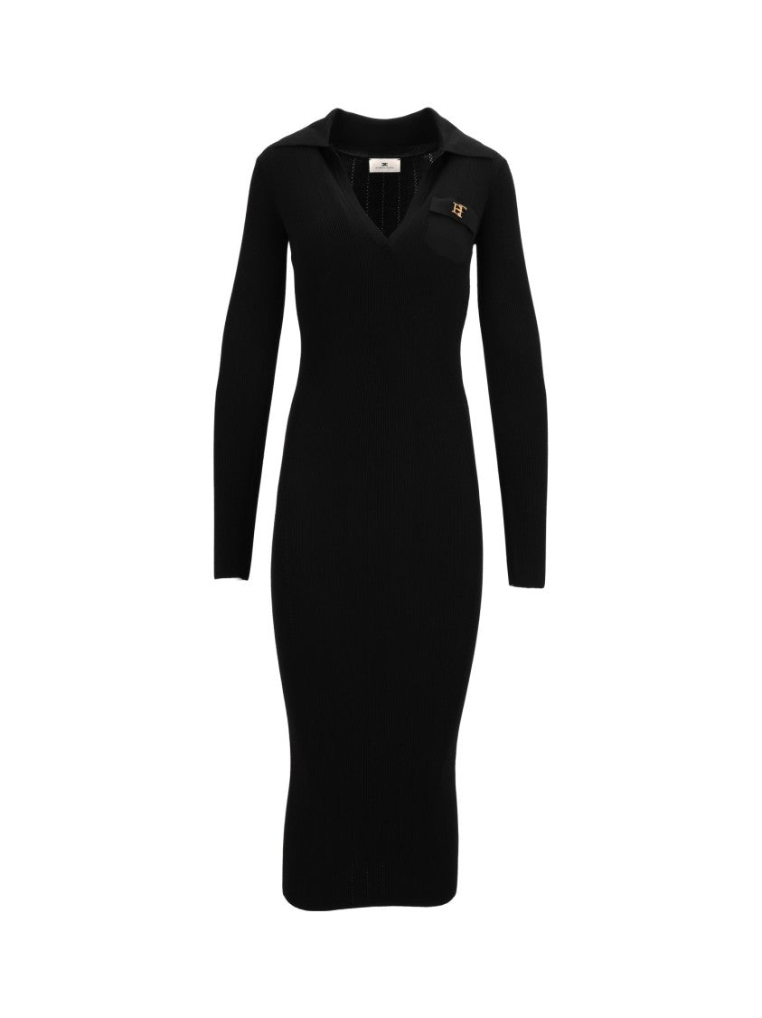 Elisabetta Franchi V-Neck Black Knit Midi Dress