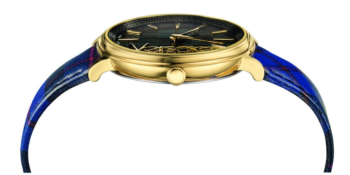 Versace Quartz Analog Wristwatch With Gold-Tone Case And Blue Leather Strap
