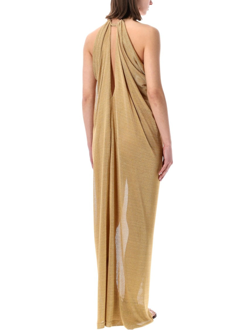 Alberta Ferretti Gold Lurex Draped Shimmering Long Dress