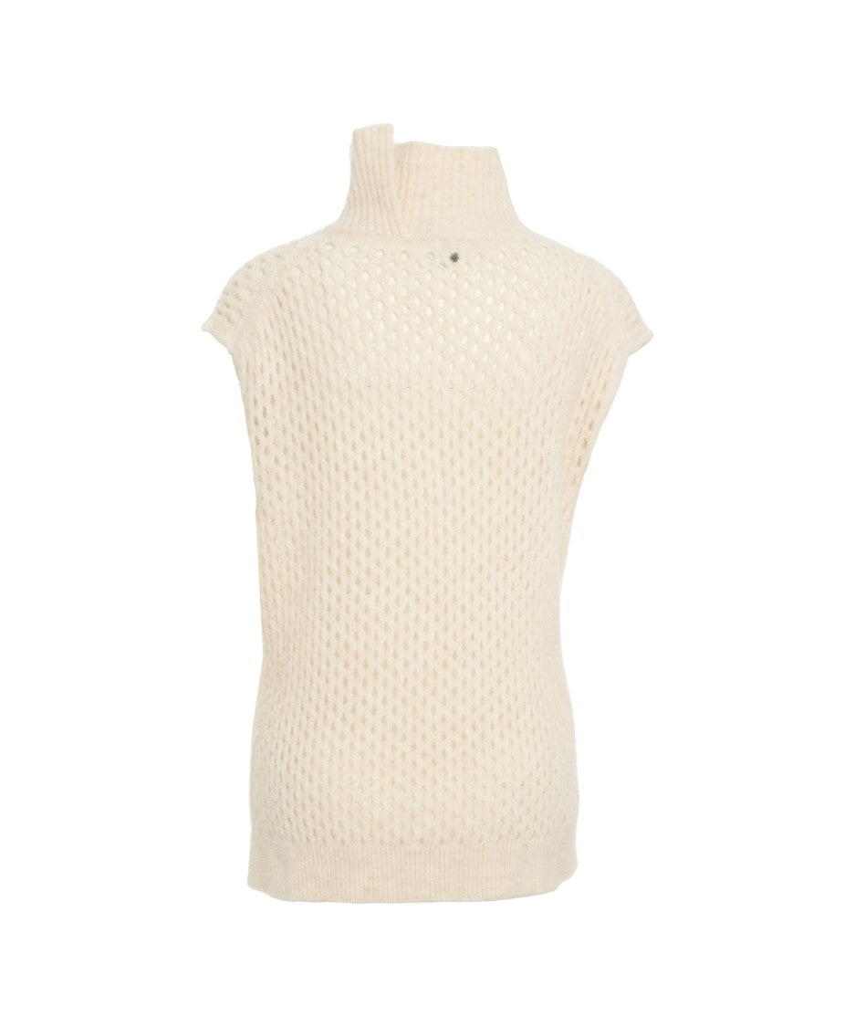 Jeio Beige Knit Gilet With High Ribbed Collar And Open-Knit Structure
