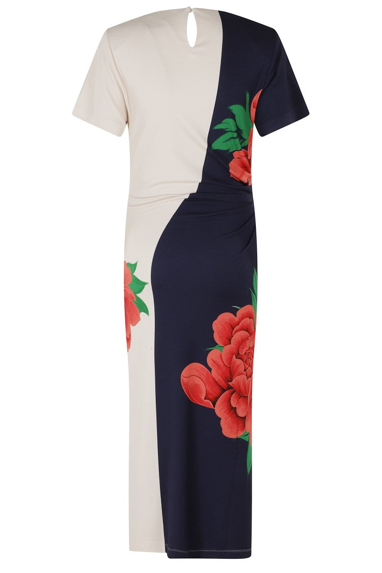 La Double J Cream Blue Red Lela Flower Printed Viscose Maxi Dress