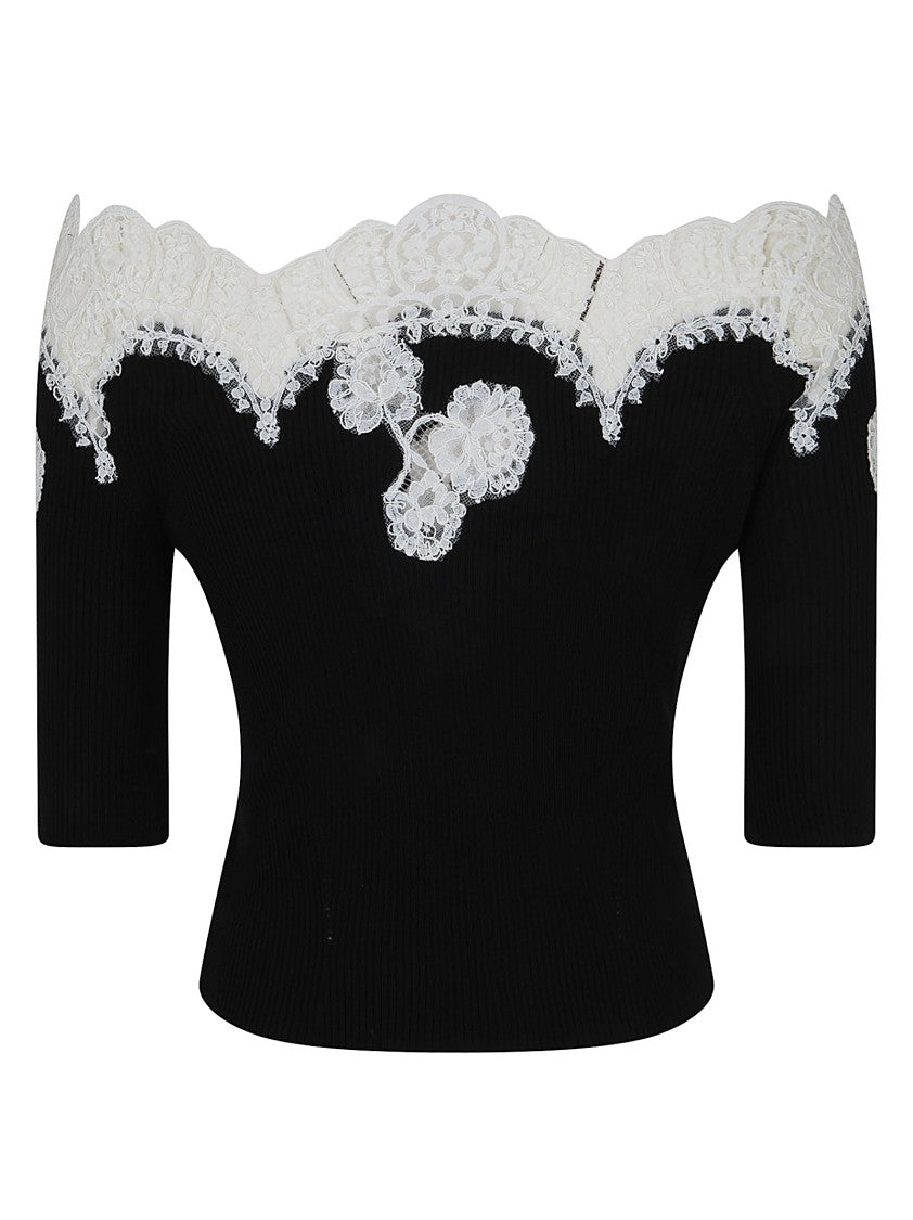 Ermanno Scervino Off-Shoulder Black Sweater With Lace Floral Appliqués