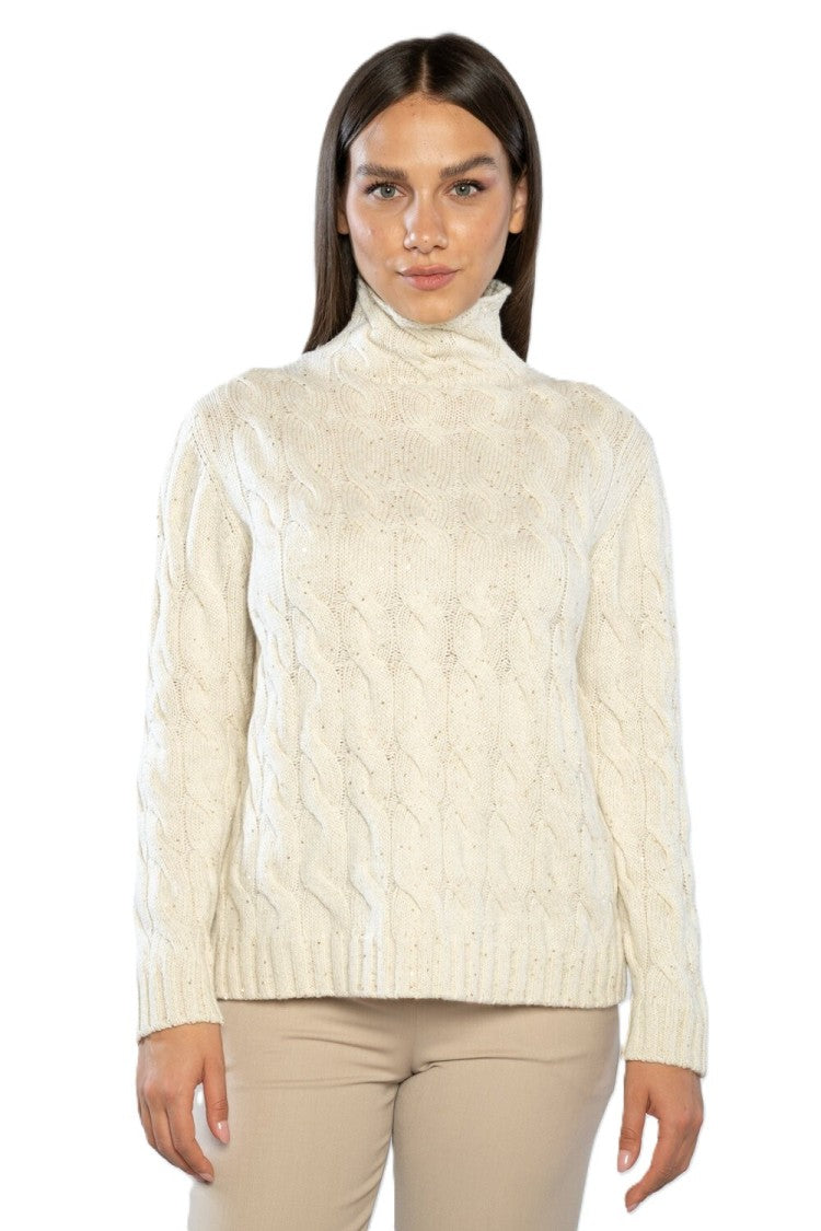 Paolo Fiorillo Capri Ivory Cable-Knit Turtleneck Sweater With Braided Pattern