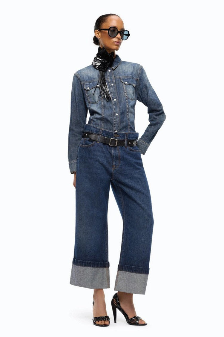 Pinko Blue Cotton Belted Wide-Leg Jeans