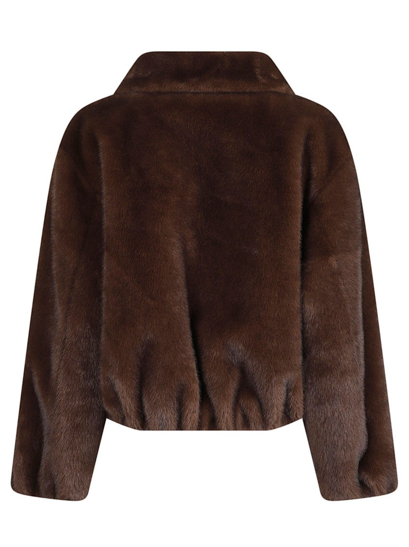 P.A.R.O.S.H. Cropped Faux Fur Jacket With Wide Collar And Gathered Hem