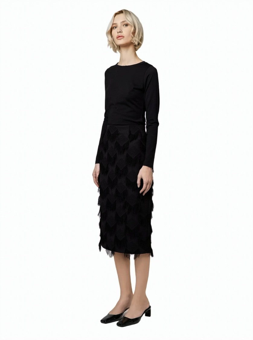 Alpha Studio Vrillé Diamond Pattern Fringed Midi Skirt