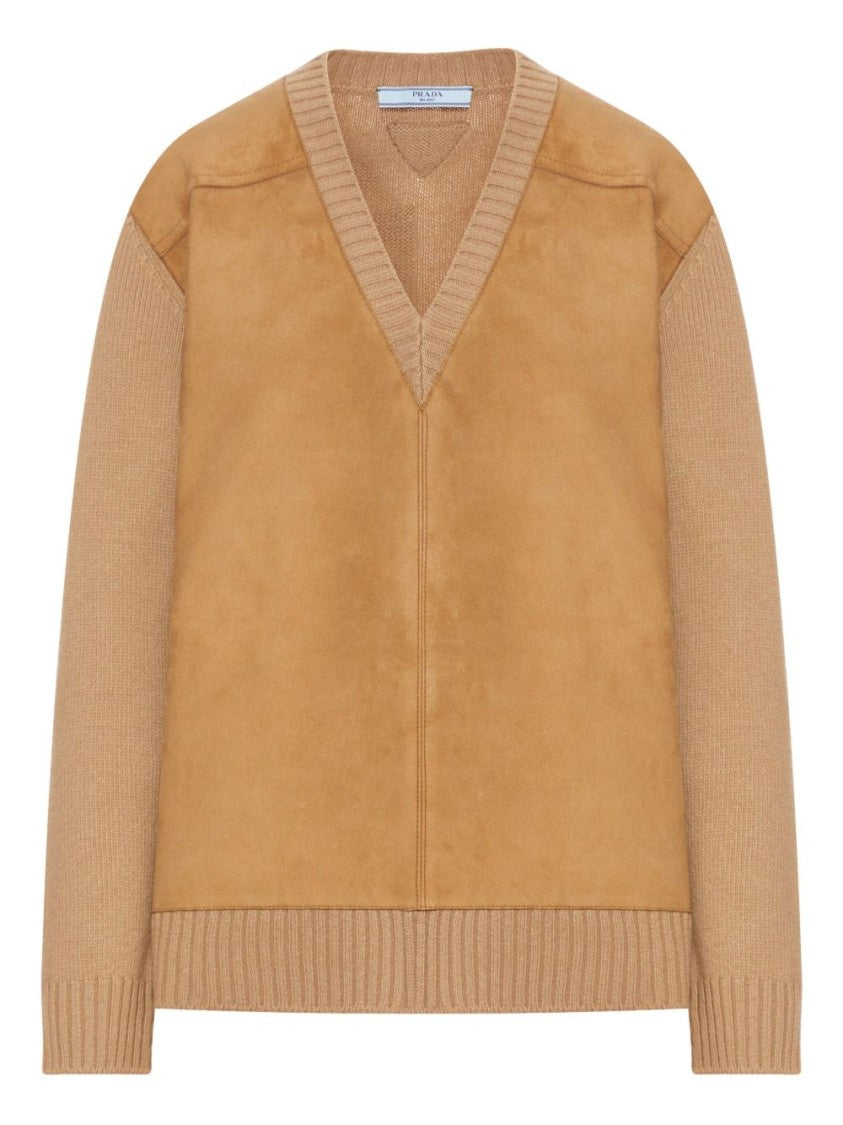 Prada V-Neck Sweater With Suede Panels And Knit Accents