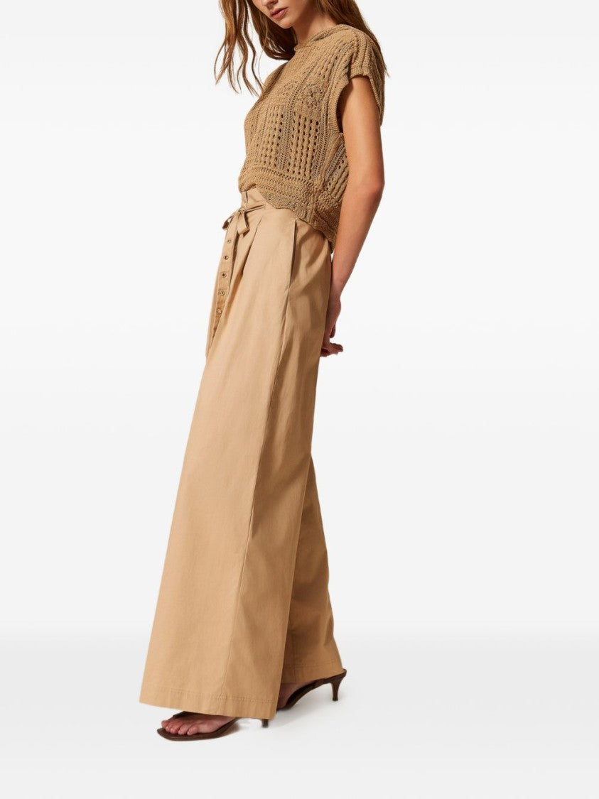 Twin-Set Beige Cotton Belted Palazzo Pants