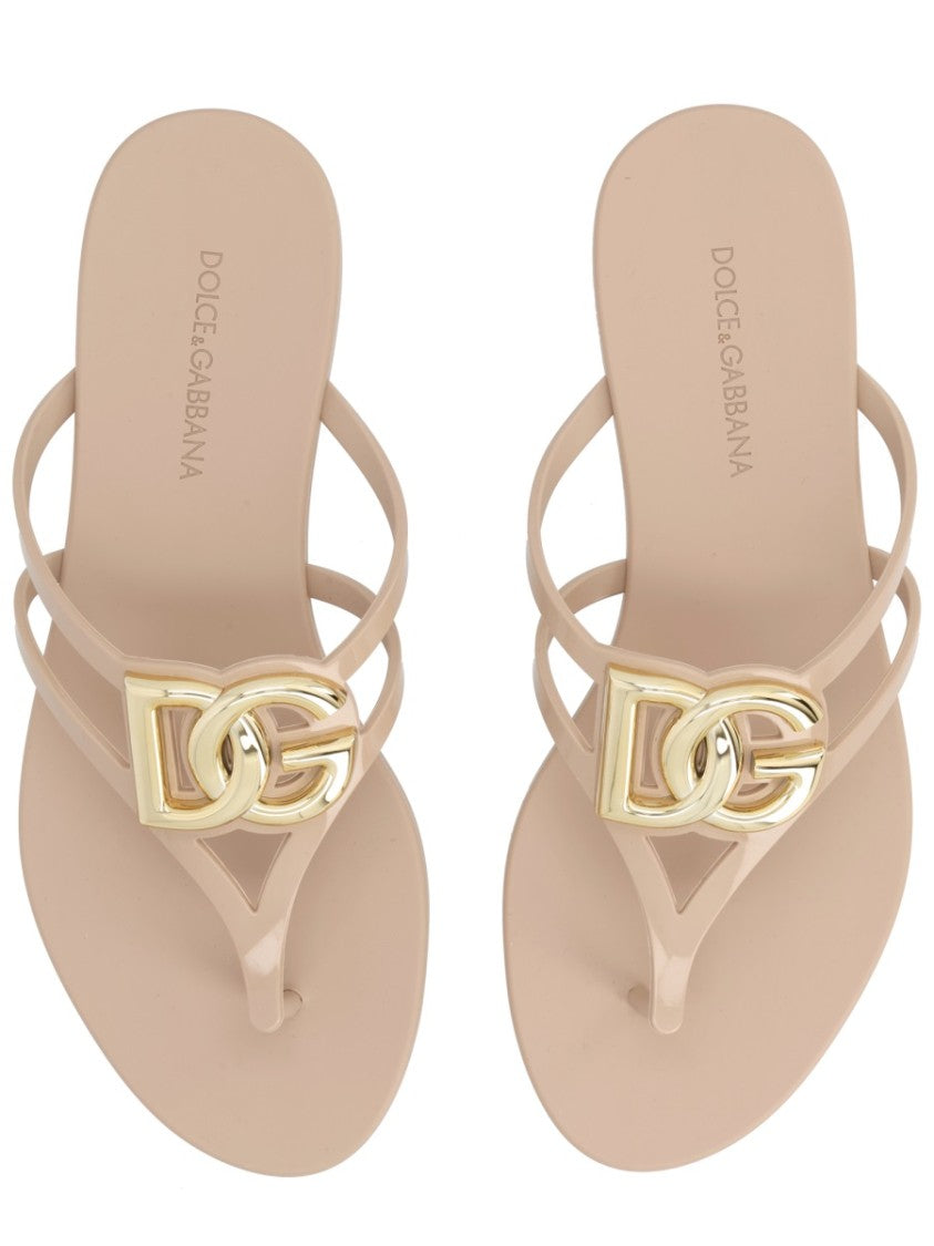 Dolce & Gabbana Neutrals Metallic Logo Dual Thin Straps Sandals