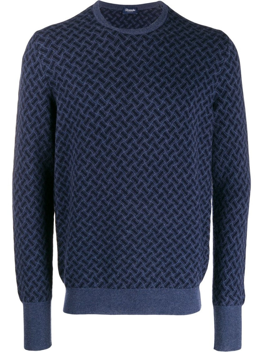 Drumohr Dark Blue Herringbone Knit Sweater
