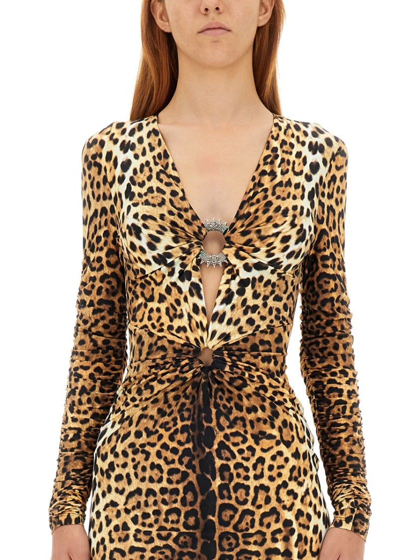 Roberto Cavalli Leopard Print Bodycon Mini Dress With Decorative Detail