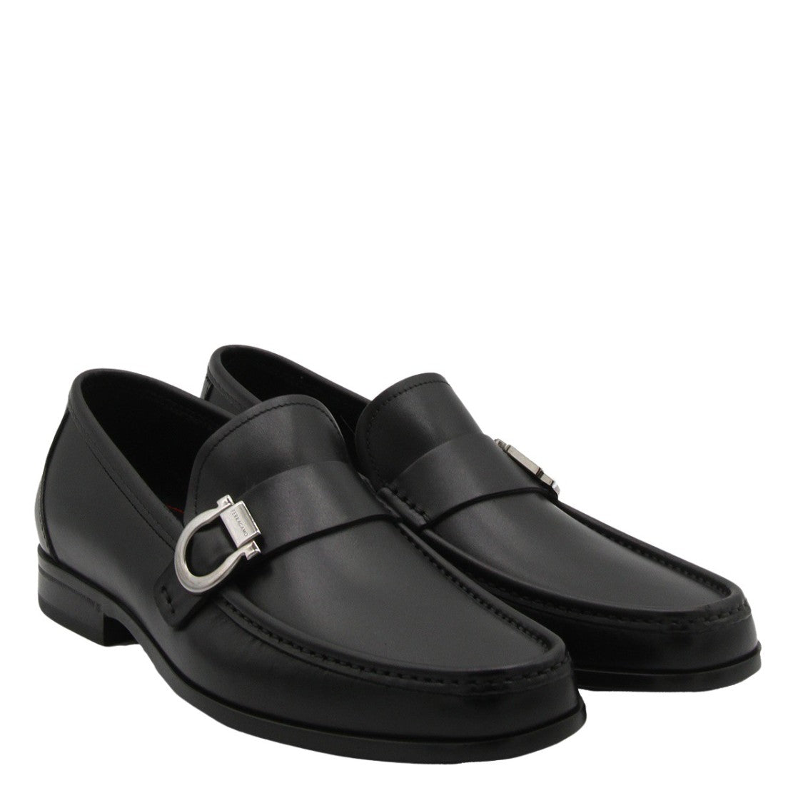 Ferragamo Black Leather Loafers With Silver Buckle Detail