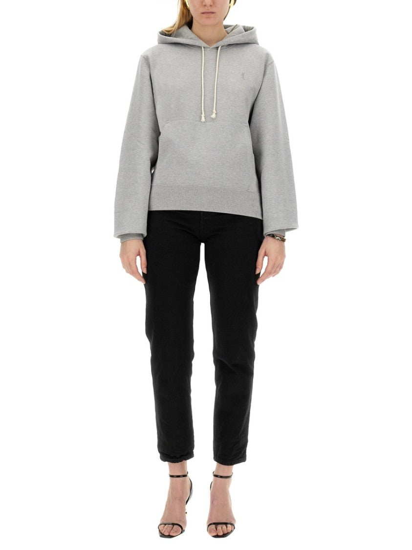 Saint Laurent Relaxed-Fit Grey Cotton Hoodie With Logo Embroidery