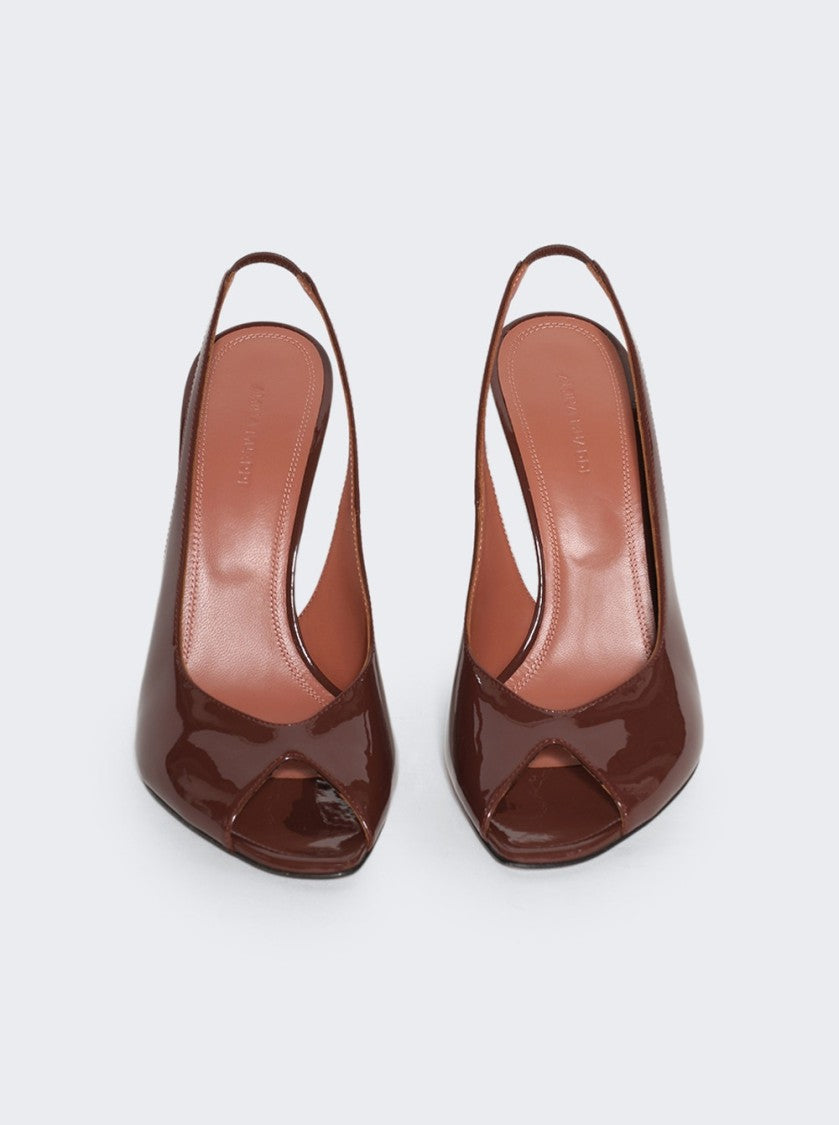 Amina Muaddi Kristina Sling Peep Toe Pumps - Patent Chocolate