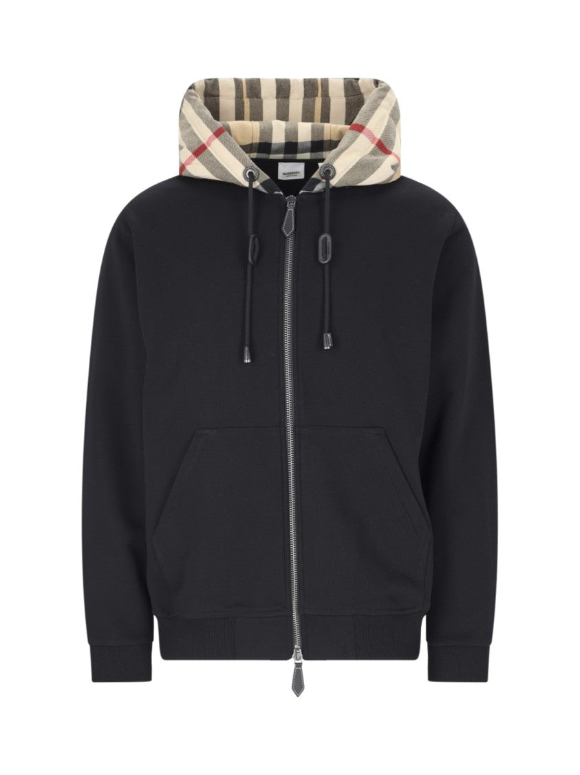 Burberry Black Cotton Check Drawstring Hoodie