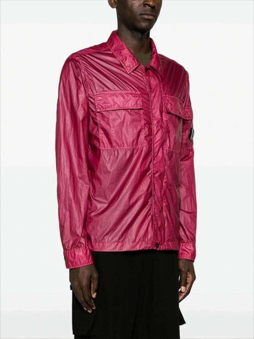 C.P. Company Shiny Crinkled Texture Jacket With Classic Collar And Logo Patch