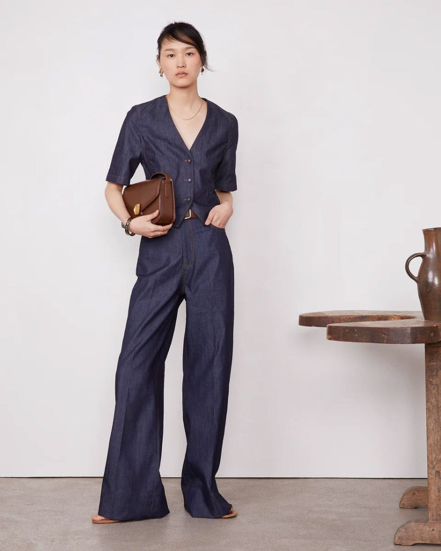 Officine Generale Dark Indigo Mid Waisted Wide Leg Jeans