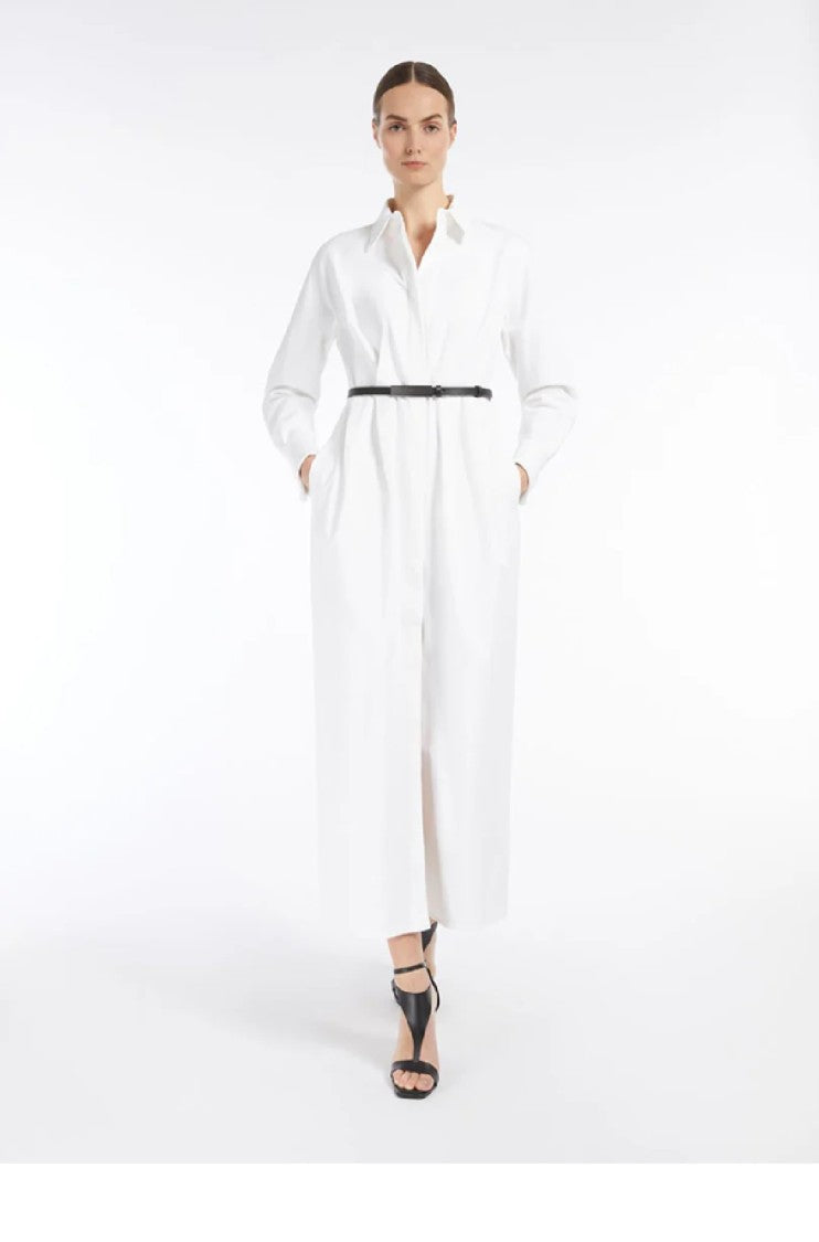 Max Mara White Maxi Dress With Classic Collar And Belted Waist