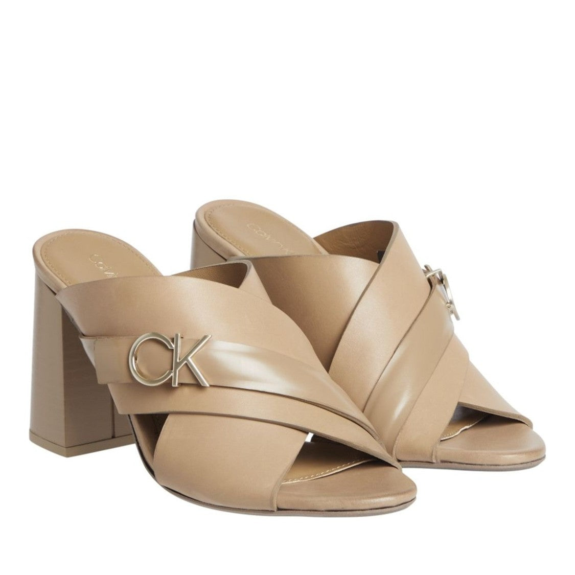 Calvin Klein X Slide Beige Block Heel Leather Sandals