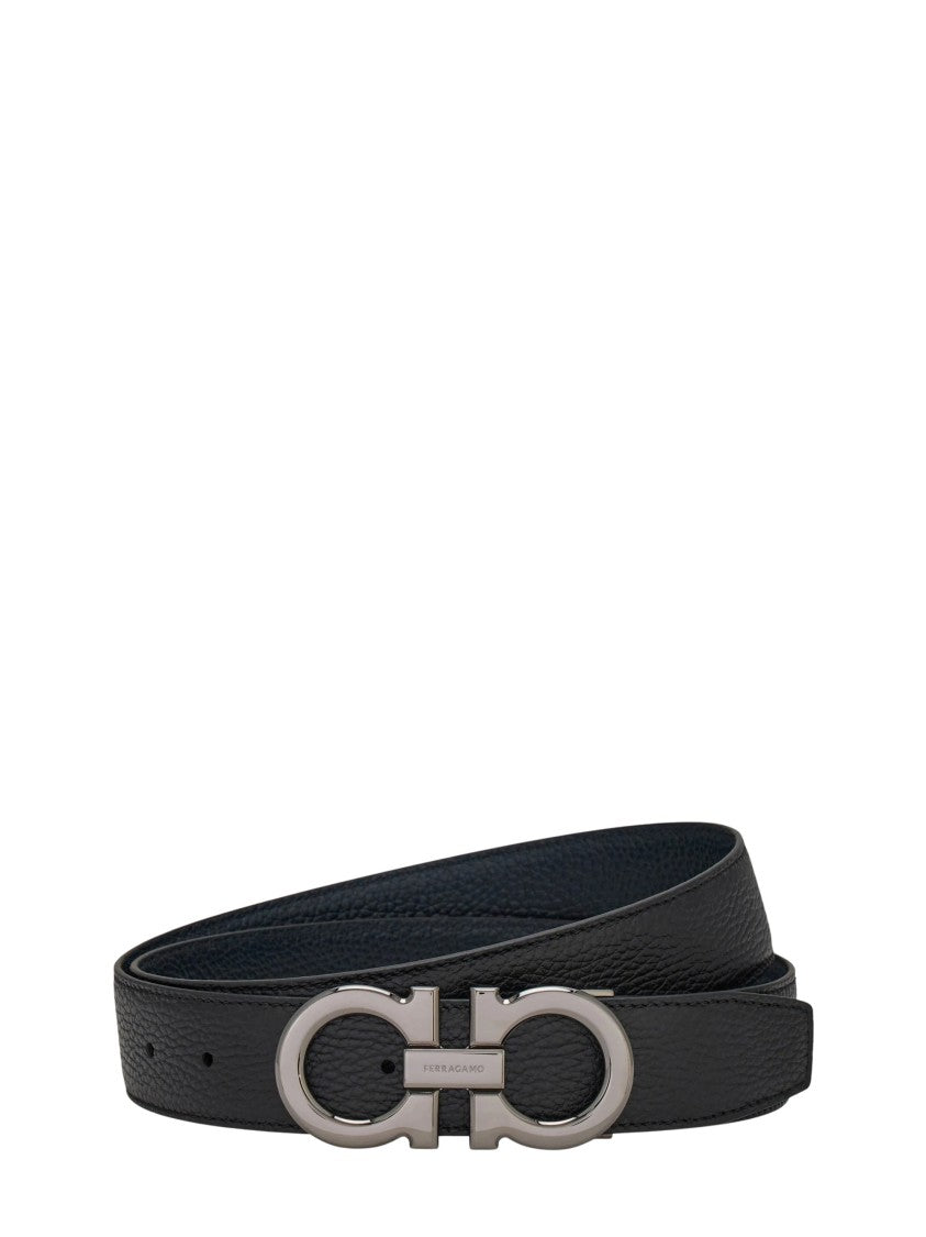 Ferragamo Textured Leather Reversible Belt With Metallic Double-Ring Buckle