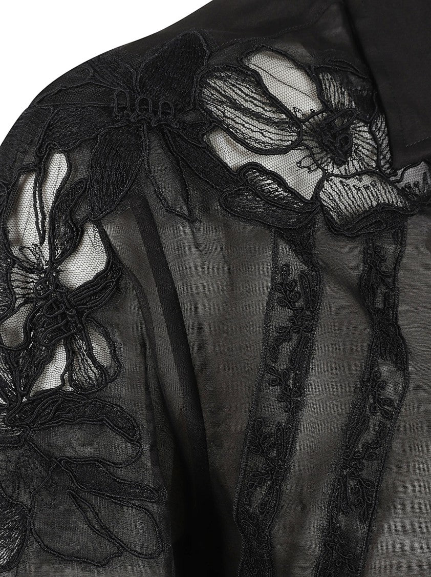 Ermanno Scervino Sheer Black Shirt With Floral Embroidery