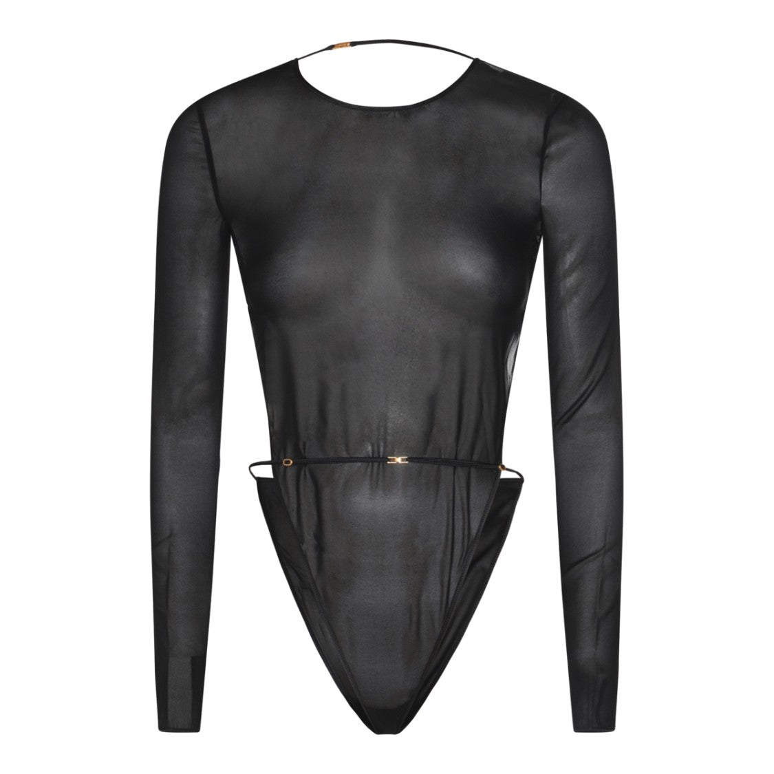 Saint Laurent Sheer Black Silk Bodysuit With Open Back And Gold Details