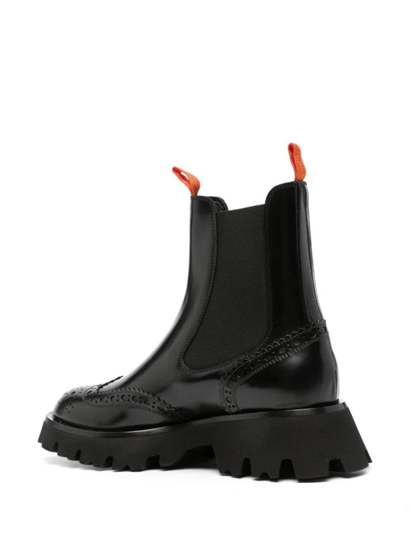 Santoni Brogued Black Leather Ankle Boots With Chunky Rubber Sole