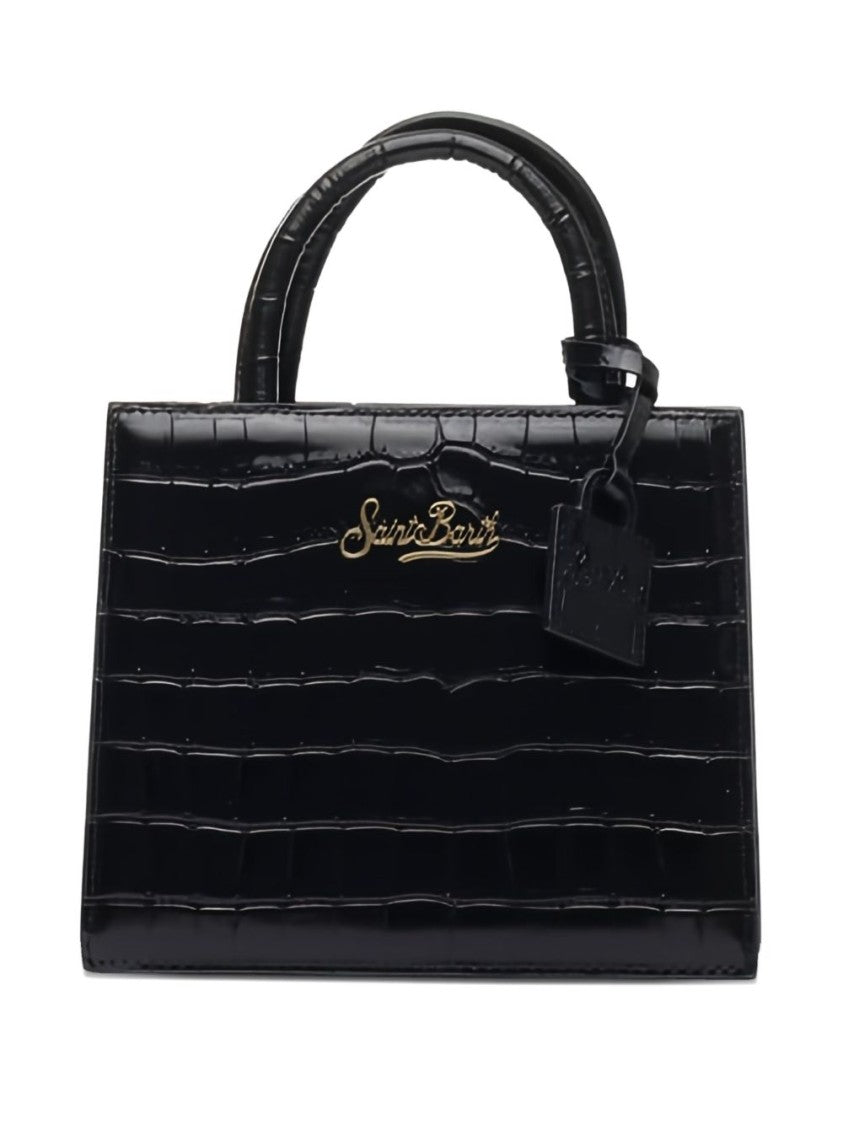 Mc2 Saint Barth Structured Black Embossed Crocodile Handbag With Gold-Tone Logo And Detachable Strap