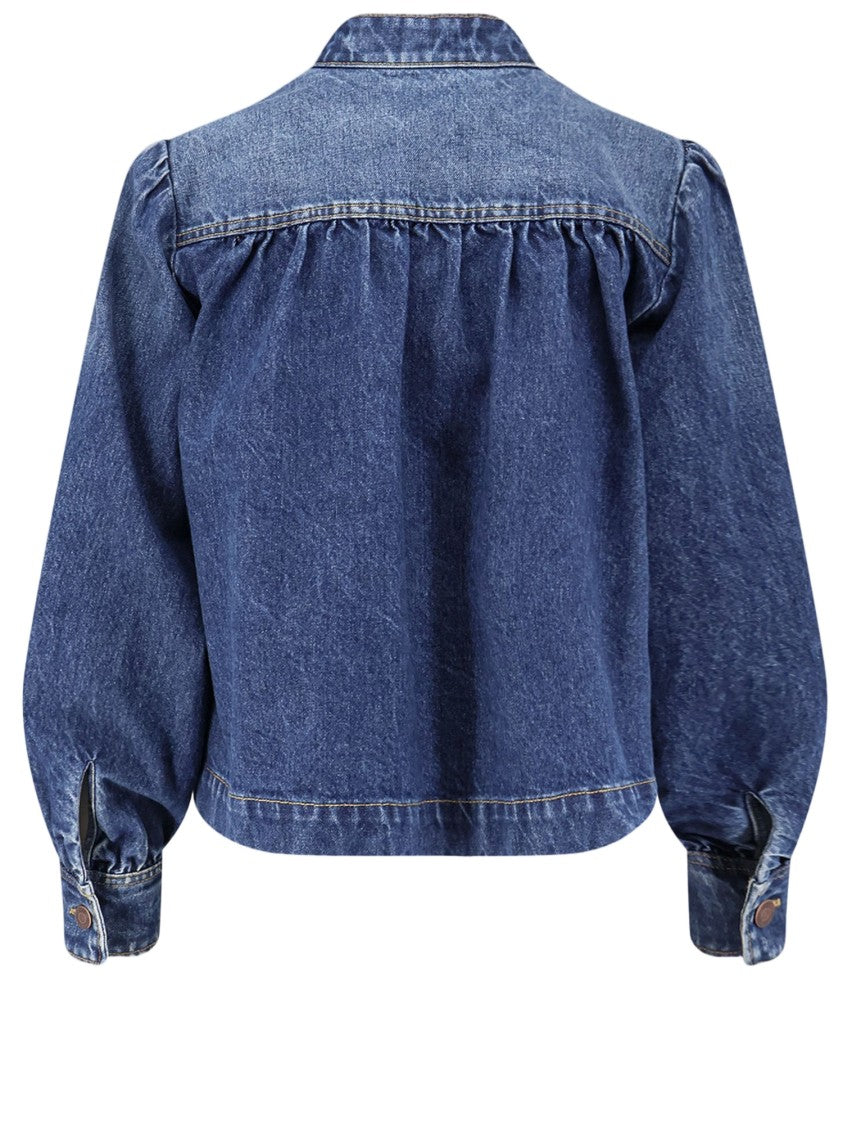 Chloé Ruffle-Collar High-Neck Denim Jacket