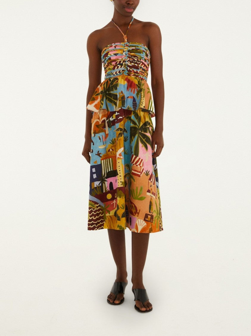 Farm Rio Multicolor Halterneck Ruffled Midi Dress