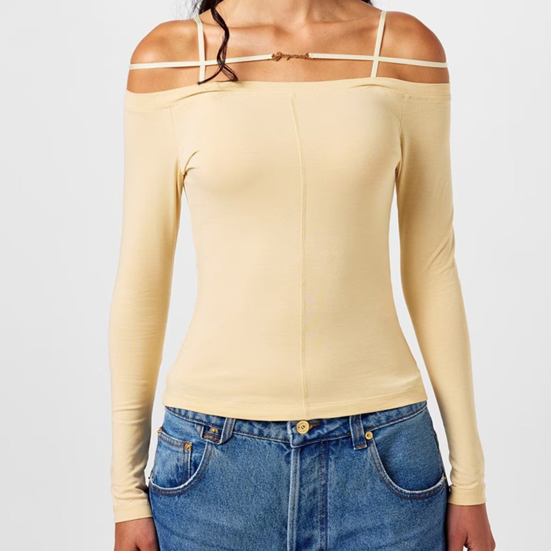 Jacquemus Fitted Off-Shoulder Long-Sleeve Top With Double Straps