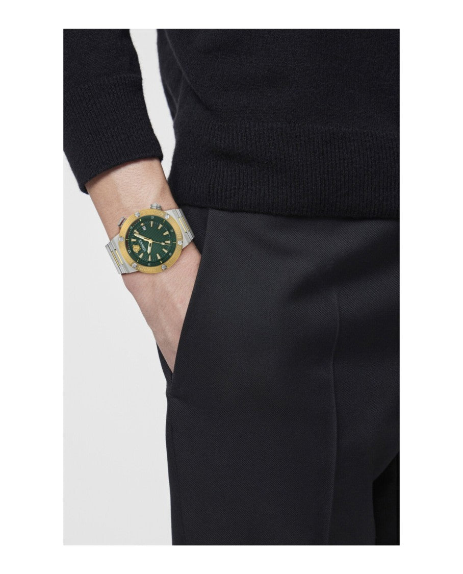 Versace Greca Logo Diver Bracelet Watch With Green Guilloche Dial