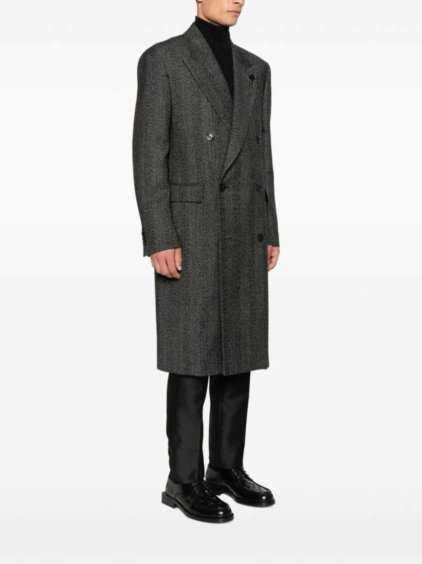 Lardini Double-Breasted Black Herringbone Coat