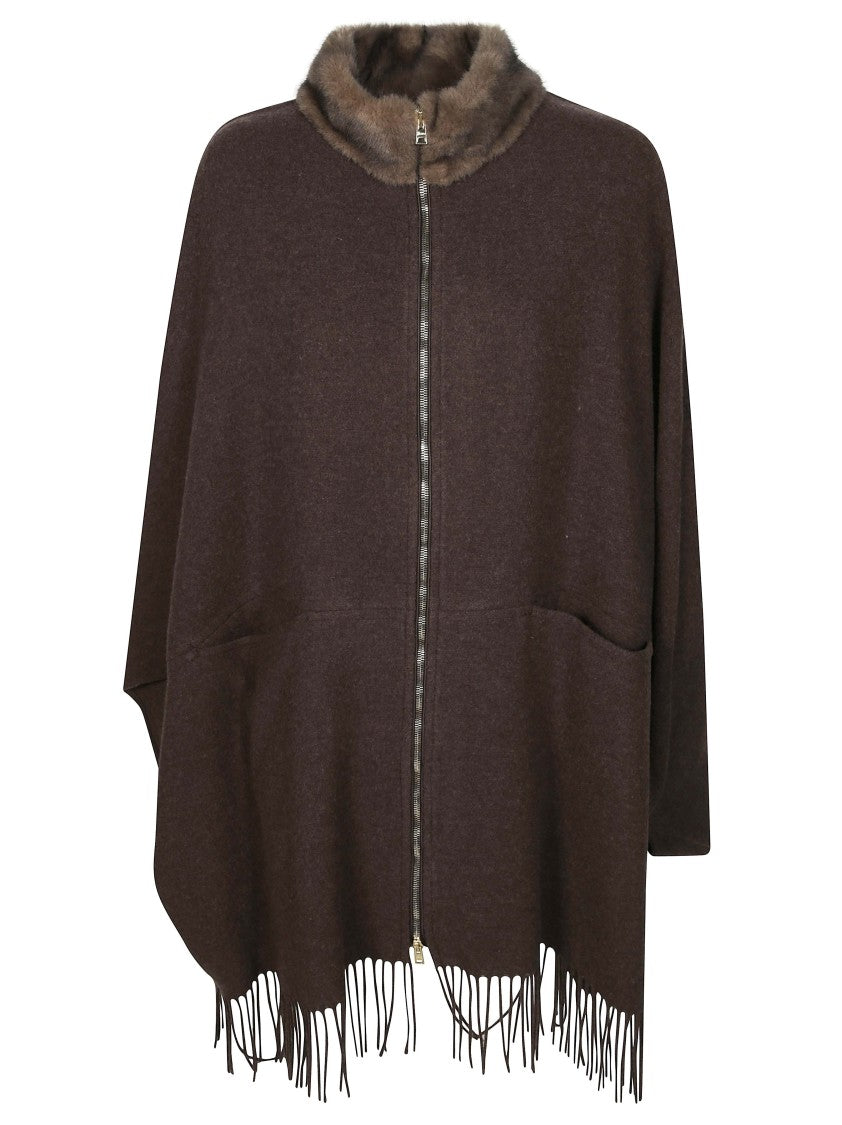 Herno Plush Fur Collar Fringed Cape
