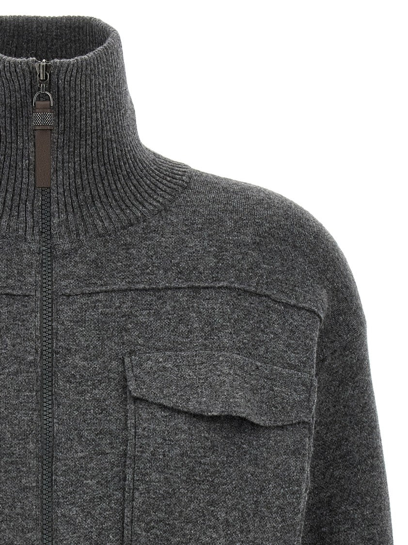 Brunello Cucinelli Shiny Zipper Pull' Wool Cardigan