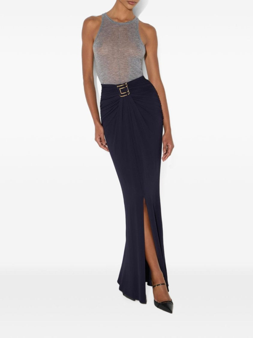 Elisabetta Franchi Black High-Waisted Fitted Ruching Midi Skirt
