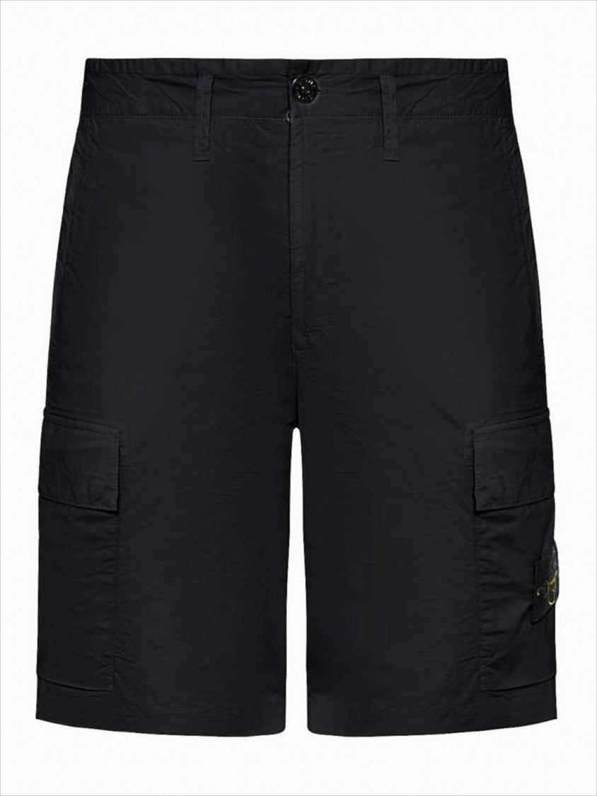 Stone Island Minimalist Black Cargo Shorts With Flap Pockets And Button Closure